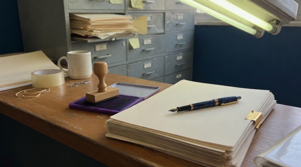 Balcao de cartorio com carimbo, almofada de tinta e documentos empilhados, ilustrando inventario extrajudicial