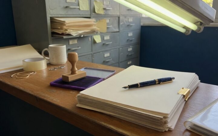 Balcao de cartorio com carimbo, almofada de tinta e documentos empilhados, ilustrando inventario extrajudicial