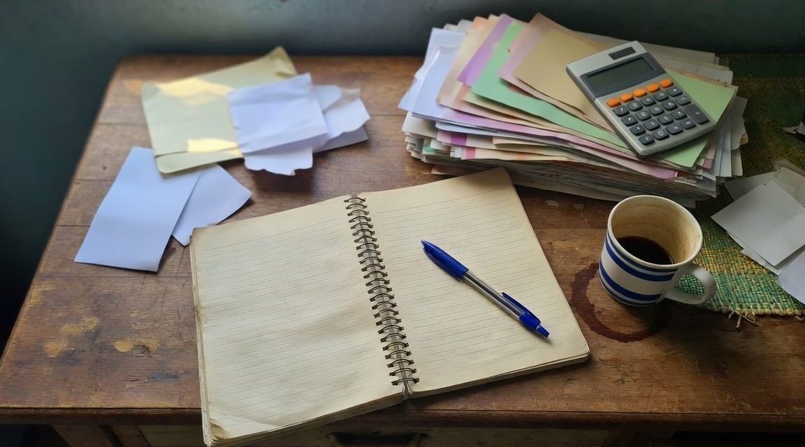 Mesa com contas atrasadas, calculadora e caderno de orcamento, ilustrando dividas e superendividamento