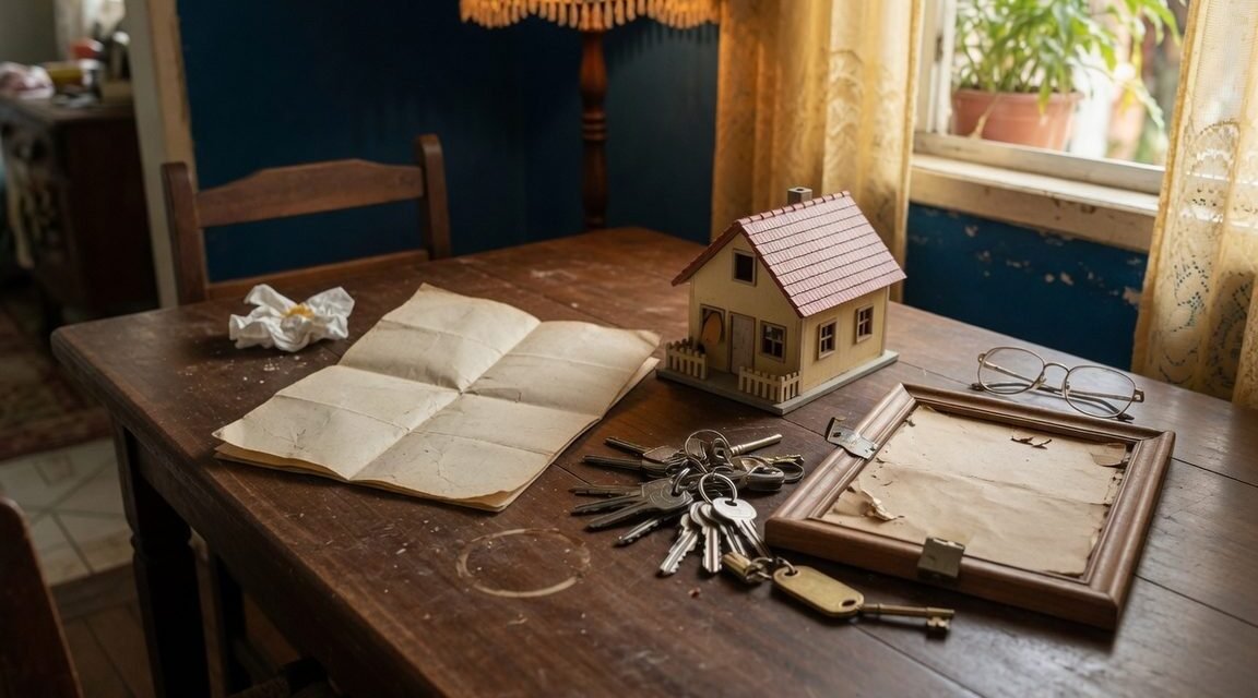 Mesa de familia com documento, miniatura de casa e molho de chaves, ilustrando partilha de heranca