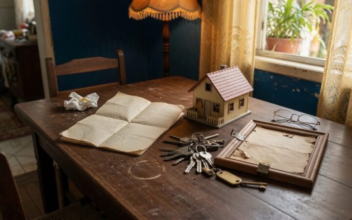Mesa de familia com documento, miniatura de casa e molho de chaves, ilustrando partilha de heranca