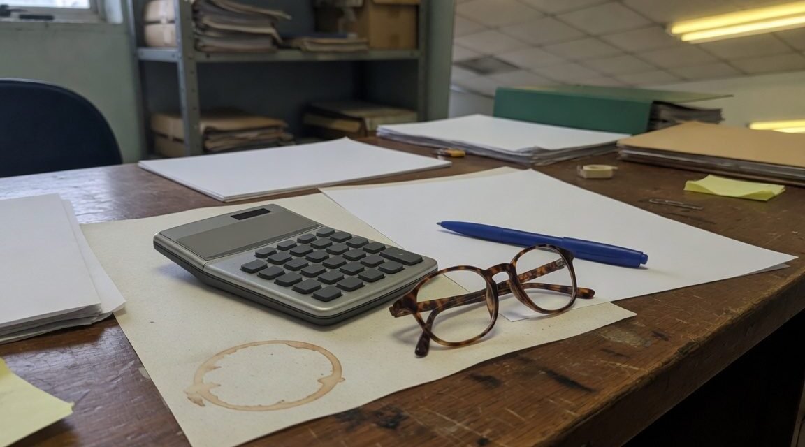 Contrato de emprestimo, calculadora e oculos sobre mesa de escritorio, ilustrando revisao de emprestimo consignado