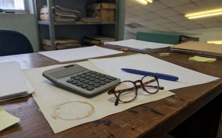 Contrato de emprestimo, calculadora e oculos sobre mesa de escritorio, ilustrando revisao de emprestimo consignado