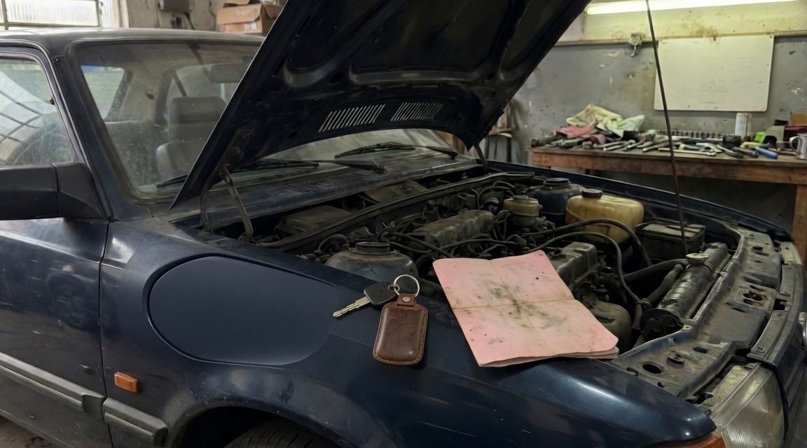 Carro usado com o capo aberto em oficina, chave e laudo de vistoria sobre o paralama, ilustrando vicio oculto em veiculo